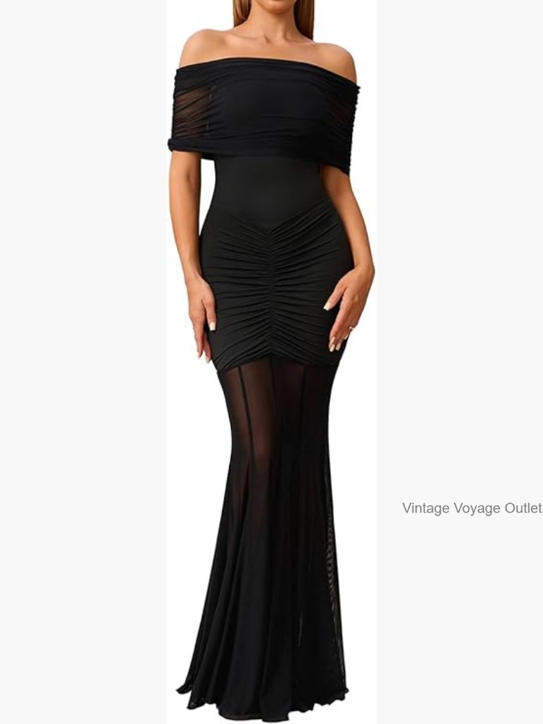 Off Shoulder Bodycon Maxi Dress Ruched Strapless Formal Party